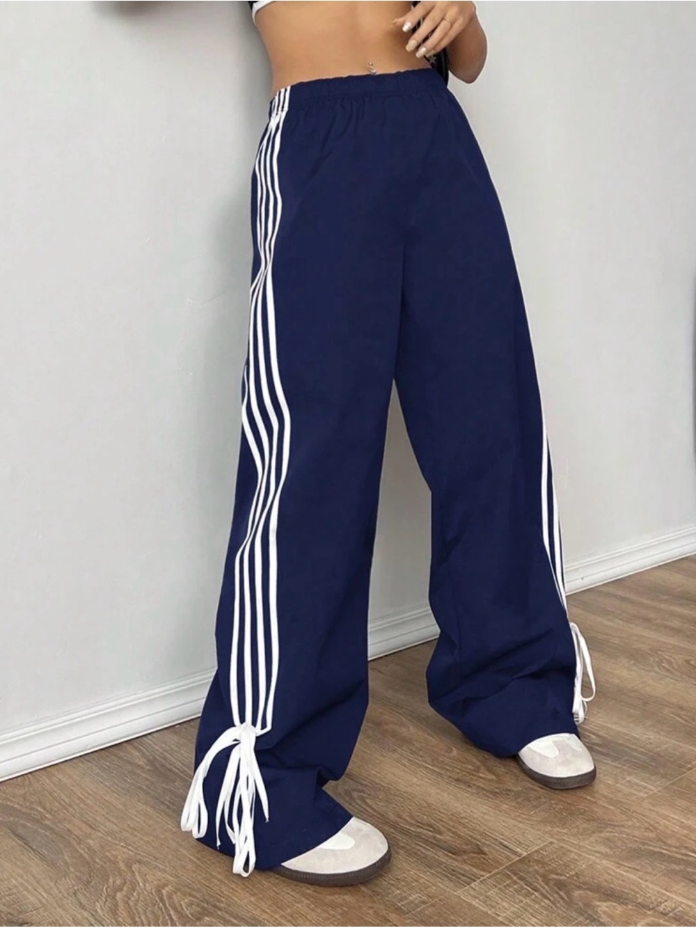 Wide Leg Navy Track Pants with Side Stripes